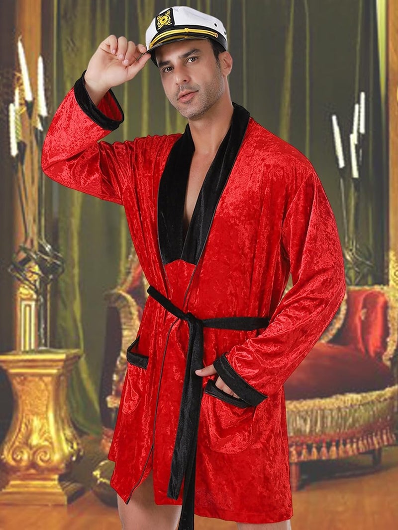 Onancehim Store Halloween Men's Red Velvet Robe Smoking Jacket, Adult Halloween Costumes with Belt Captain Hat - Image 2